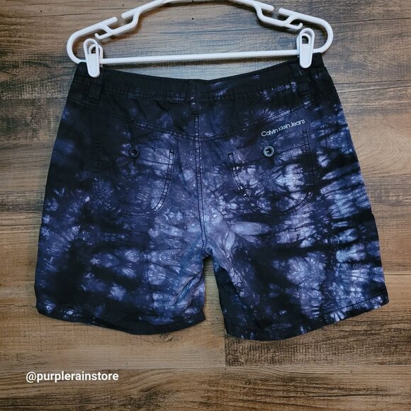 Vtg Calvin Klein Tie Dye Shorts Size 8 Mid Rise Tab Legs Blue Purple Y2K - Picture 2 of 14